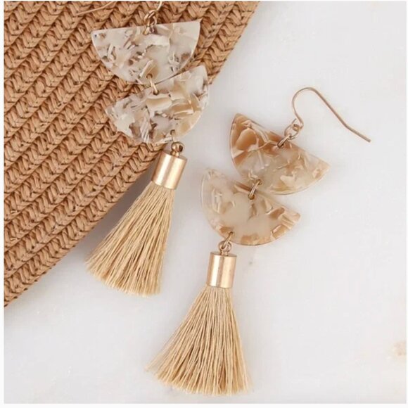 ⭐️✨ FREE Fringe Tassel Marble Drop Boho Peasant Hipster Hippie Art Deco Earrings - Picture 4 of 5
